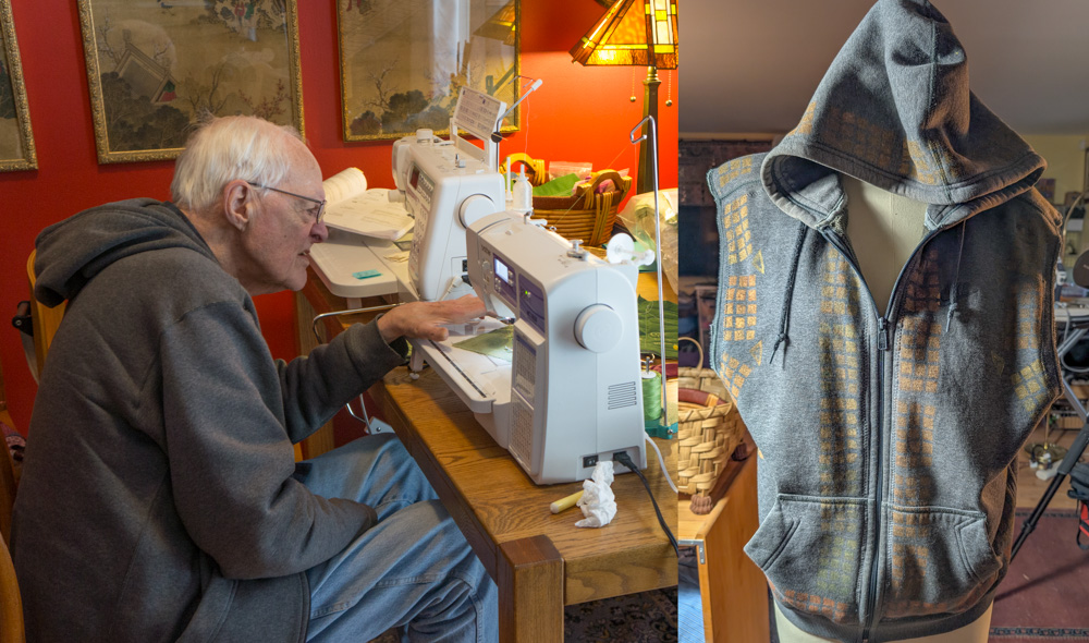 Left: Jim learning to sew. Right: his hoodie transformed